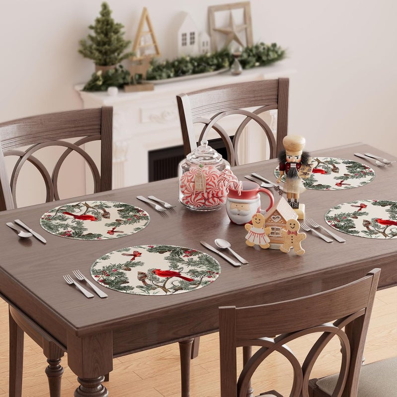 XCHI Cardinal Birds Winter Pine Tree Christmas Xmas Round Placemats Set of 4 Table Mats for Party Home Kitchen Dining Table Decorations 14x14 Inch - Image 4